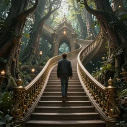 a man walking up a steep and winding staircase, in magical woods, intricate, elegant, highly detailed, unreal engine, artstation, concept art, sharp focus, beautiful illustration, society, by justin gerard and artgerm, 8 k
