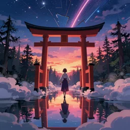 reimu walking through a torii gate in a cloud pond forest dusk,, fractal dreamscape, shattered sky cinematic, shooting stars, mirror reflection, vibrant colors, digital anime illustration, award winning, by makoto shinkai