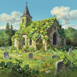 a traditional gouache painting of grapevine bushes, grapevine covered church reclaimed by nature, in the middle of old cemetery destroyed after hurricane, panorama, a matte painting by makoto shinkai, ghibli makoto shinkai frazetta, deviantart, matte drawing, concept art, matte painting