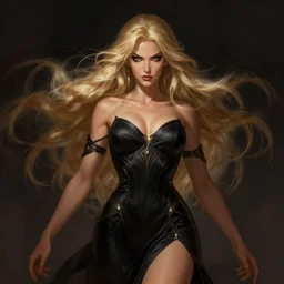 a highly detailed illustration of fierce blonde tanned skin goddess ereshkigal wearing black dress, dramatic powerful pose, perfect face, perfect body, intricate, elegant, highly detailed, centered, digital painting, artstation, concept art, smooth, sharp focus, league of legends concept art, wlop