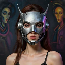 sexy beautiful woman head made of mech mask rendered in unreal engine, cyberpunk, rave, scifi, painted by andre leblanc | bernard buffet | andre masson | alfred kubin