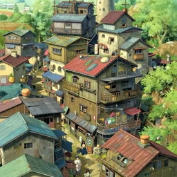 up-shot of a scifi shanty town favela Street scenery with color full metal rooftops and wooden and concrete walls, intricate Details, illustration , in the style of Studio ghibli, tekkon kinkreet, akira, breath of the wild, myazaki, anime, clean render, denoise, rule of thirds