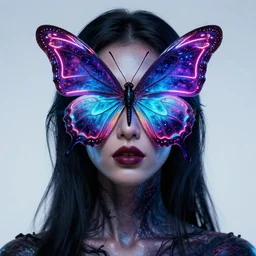 a portrait of a beautiful woman with a neon butterfly covering her face head, cult secret society art by james paick, and shaddy safadi, ominous, cosmic horror, trending on artstation, ultra detailed, hyper realistic 4 k, octane, cinema 4 d, c 4 d render mike winkelmann, nick denboer, paul babb