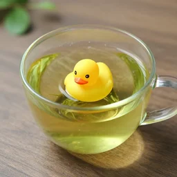 a cup of green tea with a rubber duck bathing inside it