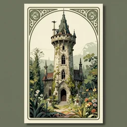 The abandoned wizard\'s tower in the overgrown garden. Art Noveau poster.