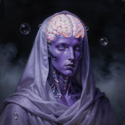 a neoclassicist close - up portrait of a purple man with glowing alien brain cloaked in silk with glowing bubbles and iridescent and reflective alien technology. foggy black background with dark puffy glowing clouds. highly detailed science fiction painting by norman rockwell, frank frazetta, syd mead and moebius. rich colors, high contrast, gloomy atmosphere, dark background. trending on artstation.