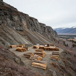 A cliffside lumberyard in a barren Yukon landscape, highly detailed matte painting