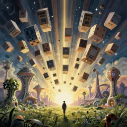tall boxes falling out of space side - by - side, pixel sorting, objects levitating, person walking thru grass, organic futuristic city designed by frank lloyd webber in the distance, zdzislaw beksinski