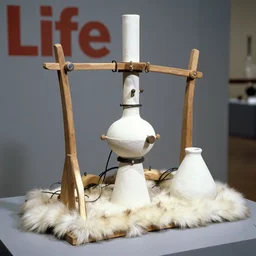 realistic photo of a a medieval ritual chemistry appliance model equipment gadget, made of wood white clay and fur with black wires 1 9 9 0, life magazine reportage photo, natural colors, metropolitan museum collection