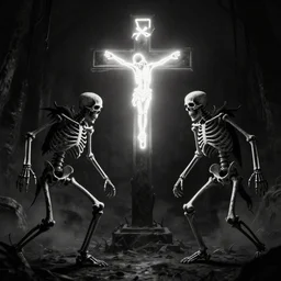 Two evil skeleton, staggering back at the sight of a neon crucifix. The skeletons are on both sides of the cross. Dark Fantasy, Film Noir, Black and White. High Contrast, Mike Mignola, D&D, OSR