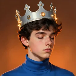 portrait of teenage jughead jones wearing a light grey crown, crown, blue turtleneck, 1 9 5 0 s, closed eyes, photorealistic, black hair, orange lighting, intricate, elegant, glowing lights, highly detailed, digital painting, artstation, concept art, smooth, sharp focus, illustration, art by wlop, mars ravelo and greg rutkowski