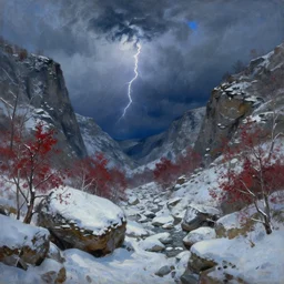 a beautiful oil painting of a rocky valley covered in snow, trees with red leaves, thunderstorm in the sky, blue lighting, gloomy, atmospheric lighting, detailed, by greg rutkowski, trending on artstation