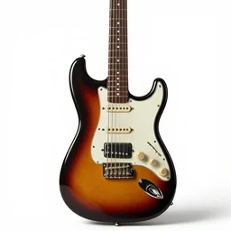 antique electric guitar, photorealistic, isolated on a pure white background, centered, entire object in frame, sharp focus, soft studio lighting