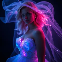 annie leibovitz style photoshoot editorial of samara weaving as sue storm, the invisible woman from the fantastic four, she is wearing a beautiful iridescent shimmering, glowing jellyfish like wedding dress made from her force field powers, hyperreal, magical, translucent, iridescent, studio lighting, soft focus, bokeh, 5 0 mm