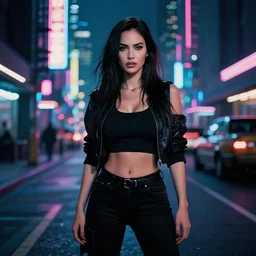 cyberpunk megan fox, standing on a cyberpunk street at night, streets are lit with neon lights, portrait, cinematic
