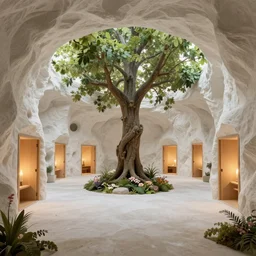 ground floor of secret overwatch common area carved inside a cave, doors to various living quarters, magical, natural light, huge central tree, flowers, candle light, cinematic lighting, clean lines, cozy, fantasy, minimalist, clean lines, architecture, sharp focus, concept art, octane render 4 k, artstation, by greg rutkowski