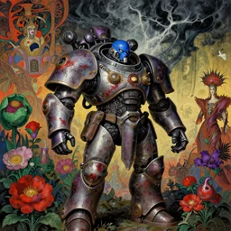 composition of gothic and futuristic, warhammer, cyber armor, more and more scars, storm, blue head, red, green, purple, mouldy juice, many mech flowers, the middle ages, highly detailed, artstation, in the style of moebius, jugendstil and classic japanese print, psychedelic, art by jean delville and rene magritte, bekinski