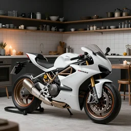 huge ducati panigrale motorbike, crammed into cluttered cozy kitchen, darkroom, candles, chairs and tables, white tile on the floor, overexposed, by paolo pellegrin, by trent parke, prize winning photo, high contrast color film