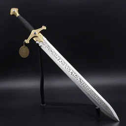 detail photo of long 5 0 cm captain saber on stand, ornaments as etched hieroglyphs unknown language, weapon artbook, black background, back light, detail intricate, sharp focus, digital fantasy art