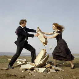 man breaking into pieces while a woman tries to hold the fallen parts, surreal, ray caesar and john constable