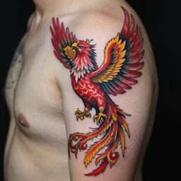 tattoo of a phoenix, red, yellow, and black ink, hyperdetailed, realistic
