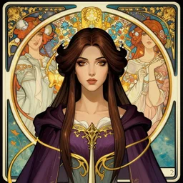 masterpiece symmetrical centered bust-view portrait, Maya Ali as D&D sorcerer, only one head, Neo-Gothic, Art Nouveau style, cell shaded, wizard robe, fantasy, delicate, elegant, in the style of Greg Rutkowski and Moebius and Mohrbacher and ROSSDRAWS and Ross Tran and Alphonse Mucha and Ayami Kojima and Charlie Bowater and Jean Delville, tarot card style, cinematic specular lighting, rich bright colours
