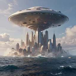 a gorgeous image of a gigantic ufo city emerges from a rough sea, in the style of thomas cole and pixar. beautiful beyond imagination! hyperrealism, path tracing, unreal engine 5. 0, trending on artstation