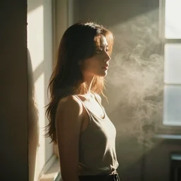 sunlight study photography of a beautiful woman standing next to a window illuminating her with god rays, volumetric fog, smoke, depth of field