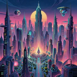 a complex hyperdetailed maximalist illustration of a dmt trip in a retrofuturist scifi city by legendary artist salviadroid