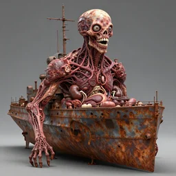 technobiological rusty warship consisting of teeth tumors, veins, meat, kidneys, entrails, guts, skin, blood, eyes. bodyhorror, high detail, photorealism, full length view, very rust, concept art, octane render, biopunk cgsociety by hermann nitsch, dariusz zawadzki