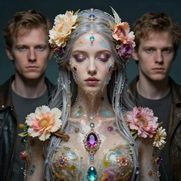 liquid magma priestess adorned with flowers and gemstones, artgerm, peter mohrbacher, jesper ejsing, photorealism, highly detailed portrait, volumetric lighting