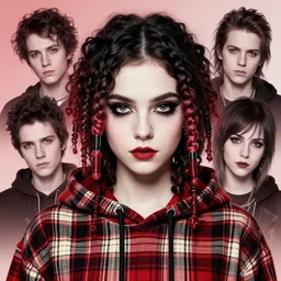 highly detailed portrait of a goth teenager, tartan hoody, ringlet hair by atey ghailan, by greg rutkowski, by greg tocchini, by james gilleard, by joe fenton, by kaethe butcher, gradient red, black, cream and white color scheme, trending in pinterest, award winning details