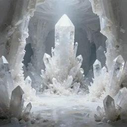 hyper realist matte digital painting of a room made of large clusters of white crystals, fantasy art, photo realistic, dynamic lighting, artstation, volumetric lighting