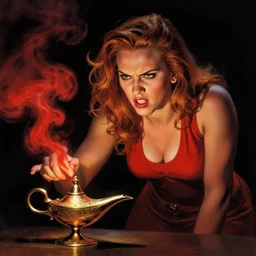 angry scarlett johansson as a genie, red smoke coming from lamp, frank frazetta style, dramatic lighting