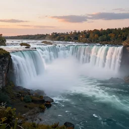 cascade of niagara falls, epic mountainscape, dawn, fantasy illustration, matte painting, concept art, volumetric lighting, volumetric atmosphere, vivid colors, art by james gurney, unreal engine 5, 8 k