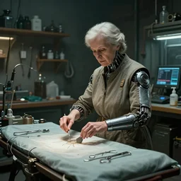 an environmental concept art of an elderly russian woman cyberneticist in a cluttered workshop, surgical implements, surgery table, highly detailed, cinematic, dramatic, cyberpunk, dieselpunk, scifi
