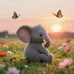cute tiny elephant sitting at flower field from behind, brom back photo, sunset, sun in the sky, butterfly in air, photo realistic, hd, detailed, national geographic magazine
