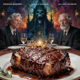 cosmic horrors on my steak, close up of steak, by zdzislaw beksinski, by dariusz zawadzki, by john jude palencar, gothic, surrealism, cosmic horror, lovecraftian, cold hue's, warm tone gradient background, concept art, first person view, scene in dining room, beautiful composition