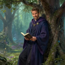 ryan reynolds wearing wizard robes leans against a magical tree romance novel fantasy artwork epic detailed and intricate digital painting trending on artstation by wlop octane render smirking