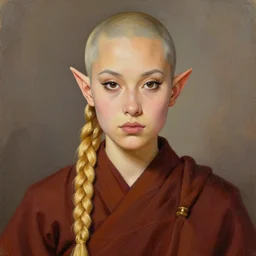 tall female half elf with short ears, long blond single braided hair, almond shaped dark brown eyes with long lashes, big forehead with a round tapered face, sharp nose with rounded edges, full lips, monk clothes, portrait illustration, oil painting