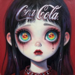 painting of the coke logo personified as a soda themed girl in the style of the lavender towne, large creepy eyes, extremely detailed and colorful eyes, soda themed girl, hyper detailed eyes, money sign pupils, tim burton, scratchy lines, junji ito, gorrilaz, her forehead has the coke logo carved into it, dollar sign pupils, extremely uncomfortable