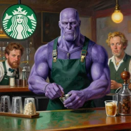 thanos as a starbucks barista, highly detailed painting by gaston bussiere, craig mullins, j. c. leyendecker, 8 k