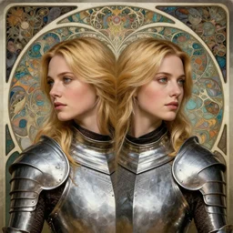 masterpiece head-on symmetrical centered portrait, Imogen Poots and Elisha Cuthbert as a D&D paladin, wearing steel plate armour over chest, blonde hair, masterpiece fractal art nouveau background, elegant, distant, Pre raphaelite art style, in the style of Edgar Maxence and Ross Tran and Zdzisław Beksiński and Gustave Doré and H.R. Giger and Mucha, specular highlights, 8k, octane render