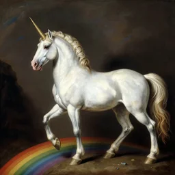 a unicorn walking on a rainbow, in the style of caravaggio