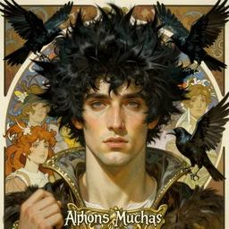 realistic detailed face portrait of a regal handsome king with spiky black hair surrounded by flying ravens by alphonse mucha, ayami kojima, amano, greg hildebrandt, and mark brooks, male, masculine, art nouveau, neo - gothic, gothic, character concept design