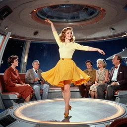 amy adams dancing through beautiful space ship, 1 9 6 0 s technicolor, ludek pesek, colorful accents, rick guidice, chesley bonestell, lucien rudaux, rolf klep, fred freeman, george pal