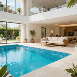 living room with a swimming pool in it, real estate, photography, highly detailed, high quality, high resolution