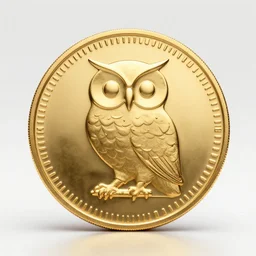 a golden coin with owl symbol on it, very symmetrical, precise, award winning design, best design, global top design, limited edition, gold, golden ratio, detailed, object, museum collection, cinematic lighting, gradual tonality, white studio, high class