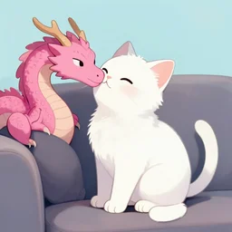 A white cat kissing a pink dragon on the cheek, sitting on a couch, soft lighting, light blue background, digital art, trending on Furaffinity and Deviantart