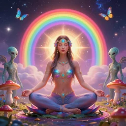 woman in lotus pose, enchanted alien world, mushrooms on the ground, aliens, galaxy in the sky, butterflies, occult, illuminati, third eye, rainbows, bright colors, psychedelic, vector art, honeycomb, dripping, fire, high contrast, fantasy poster by helen huang and frank frazetta and salvador dali and norman rockwell, anime style, 4 k